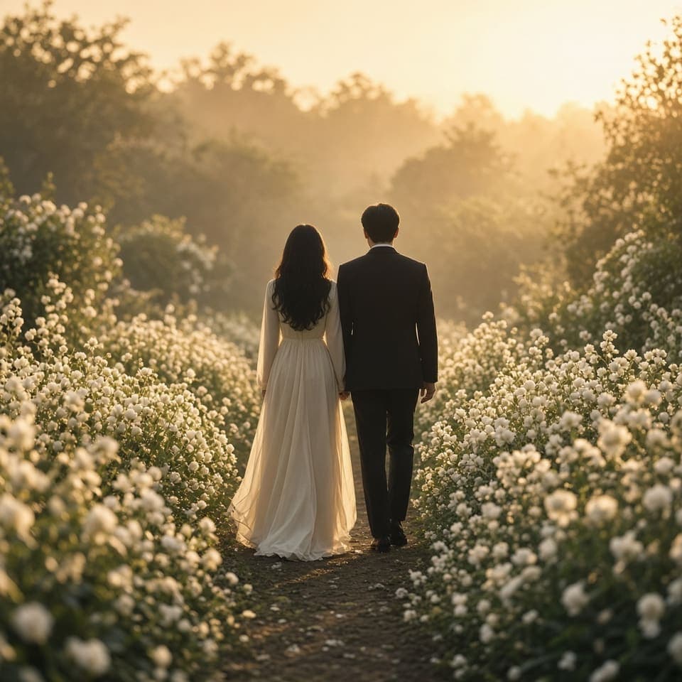 Couple walking through a garden of white flowers